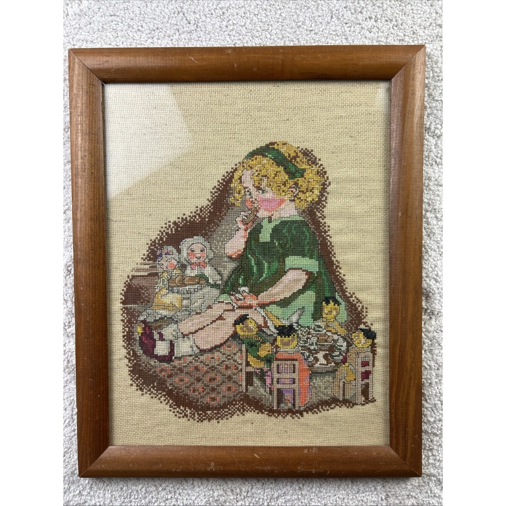 Vtg Framed Needlepoint Cross Stitch Old Fashion Girl Toys Wall Decor‎ Art